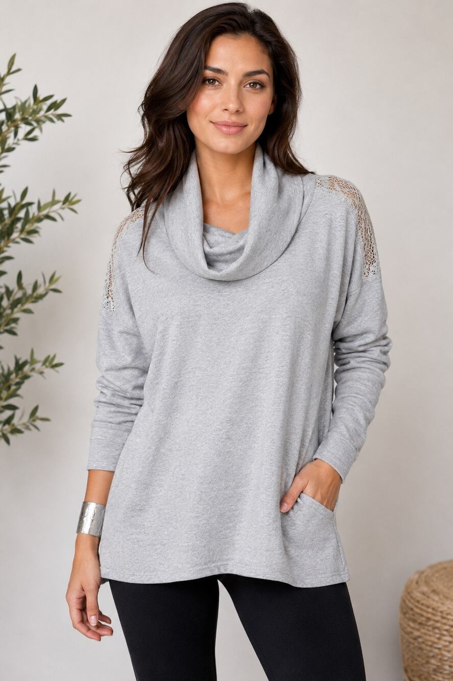 H Halston Light Heather Gray Cowl Neck Lace Shoulder Sweater, Size Large, NWT